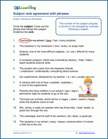 Subject Verb Agreement Phrases K5 Learning