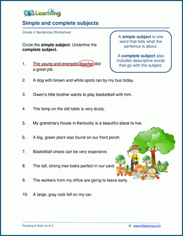 simple and complete subjects worksheets k5 learning