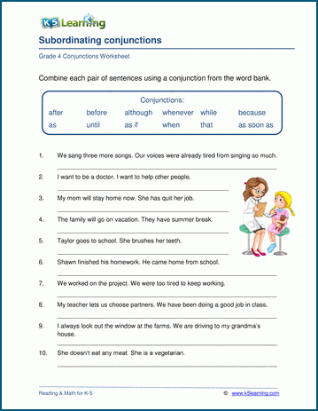 subordinating conjunctions worksheets k5 learning