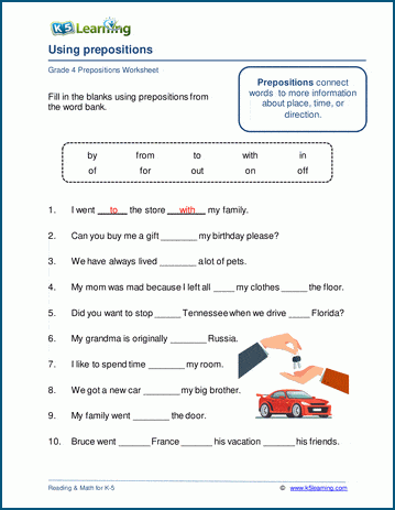 Writing with prepositions worksheets | K5 Learning