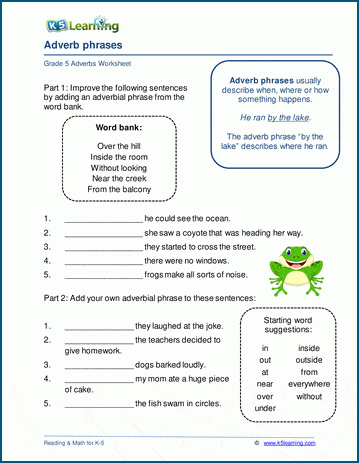 adverb phrases worksheets k5 learning