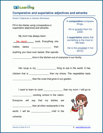 Comparative and superlative adjectives and adverbs worksheets K5 Learning