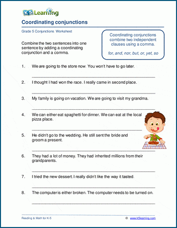 Coordinating conjunction worksheets for grade 5 K5 Learning