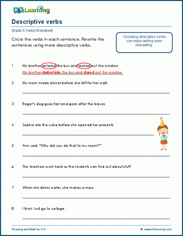 descriptive verbs worksheets k5 learning