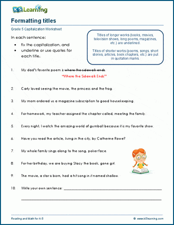 formatting titles worksheets k5 learning