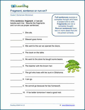 Fragments & Run-On Sentences Worksheets | K5 Learning