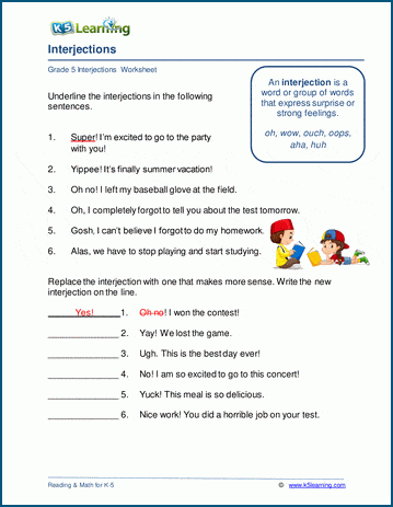 Interjections worksheets | K5 Learning