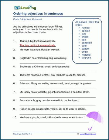 Order of adjectives in sentences worksheets