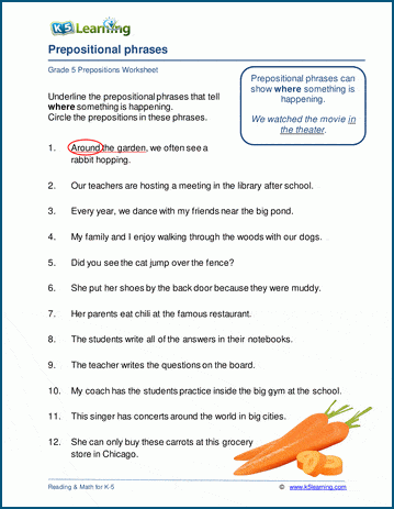 prepositional phrases worksheets for grade 5 k5 learning