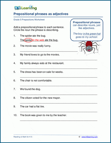 prepositional phrases as adjectives worksheets for grade 5 k5 learning