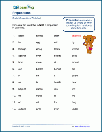 preposition worksheets k5 learning