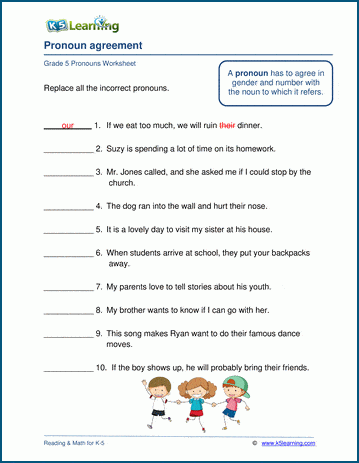 pronoun noun agreement worksheets k5 learning