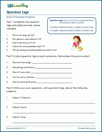 question tags worksheets k5 learning