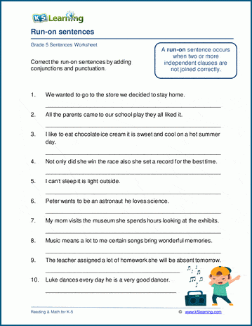 Correcting Run-On Sentences Worksheets | K5 Learning