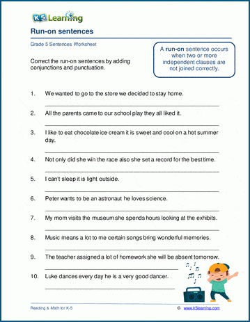 correcting run on sentences worksheets k5 learning