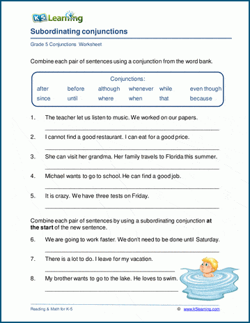 Subordinating conjunction worksheets for grade 5 K5 Learning