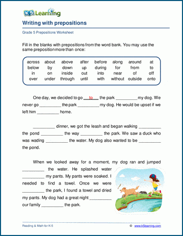 writing prepositions worksheets k5 learning