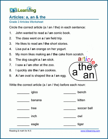 Article Worksheets A An The K5 Learning
