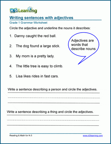 writing sentences with adjectives worksheets k5 learning