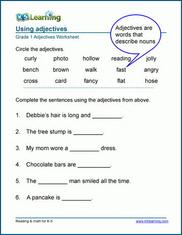 using adjectives worksheets k5 learning