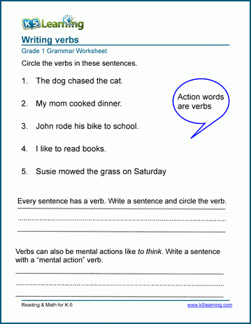 on grade worksheet verbs for 1 Worksheets   Writing Verbs Learning K5