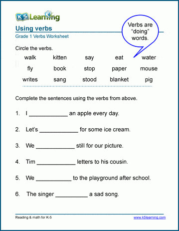 using verbs worksheets k5 learning