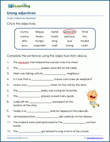 using adjectives in sentences worksheets k5 learning