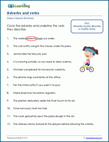 identify adverbs and verbs worksheets k5 learning