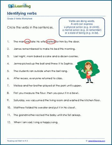 Grade 3 grammar worksheet on using verbs