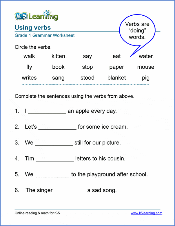 Verb Worksheets For Elementary School Printable Free K5 Learning