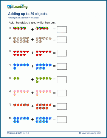 Single digit addition with up to 20 objects worksheets | K5 Learning