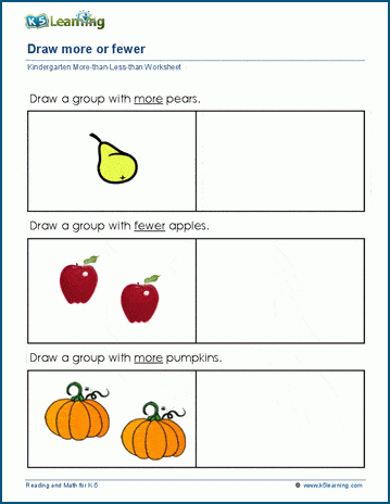 Draw more or less objects worksheets