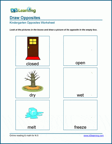 drawing opposites worksheets for preschool and kindergarten k5 learning