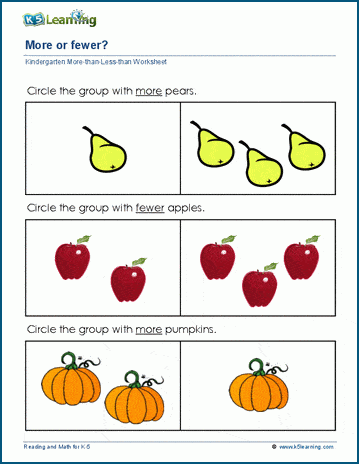 Kindergarten More Less Same Worksheets