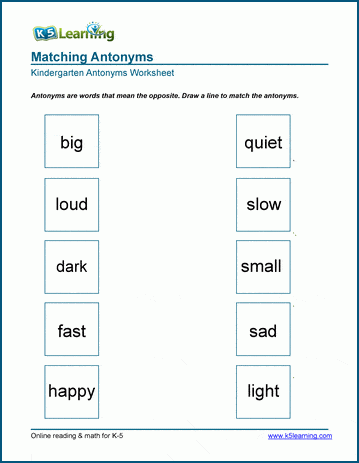 matching antonyms worksheets k5 learning