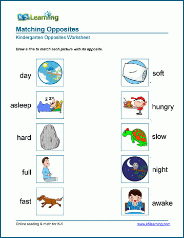 Matching opposites worksheet for preschool and kindergarten