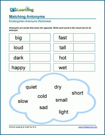 Antonyms Worksheets K5 Learning