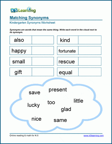 Synonyms List for Kids for Grade 1 and Grade 2 with PDF