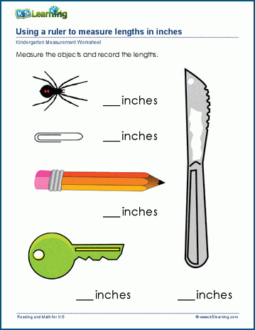 Learning measuring objects in inches Worksheet: Math Printable PDF for Kids