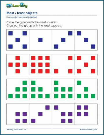 least most worksheets kindergarten less objects worksheet math numbers than groups preschool emphasize difference displays shown question between each