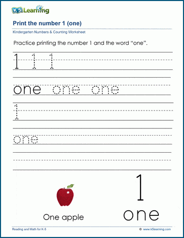 print the number 1 one worksheet k5 learning
