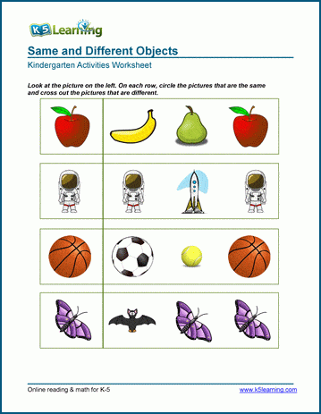 Same vs Different Objects - Worksheets for Preschool & Kindergarten