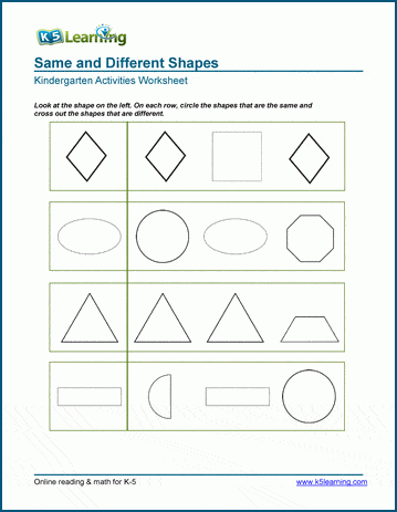 same vs different worksheets shapes k5 learning