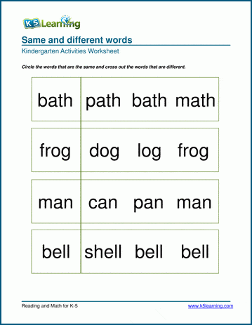 1 grade learning math worksheets k5 for vs Worksheets Learning K5  Same Different Words Kindergarten