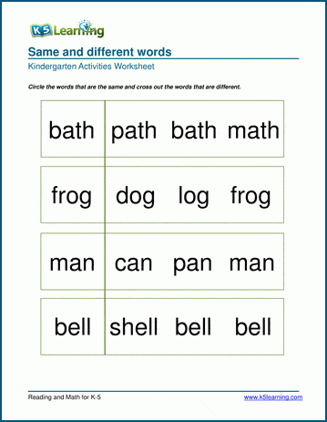 1 learning worksheets k5 math grade for Kindergarten vs Different Worksheets Words K5  Same Learning