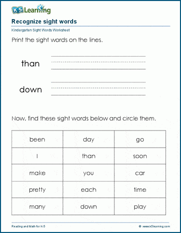 free printable kindergarten sight words