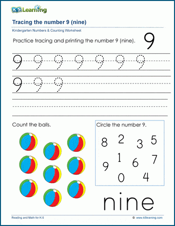 Learning the number nine (9) worksheet