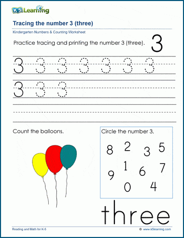 Kindergarten Tracing Numbers Three 3 