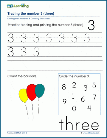 Number 3 And 4 Worksheet   Kindergarten Tracing Numbers Three 3 