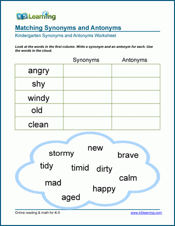 1 worksheet for antonyms grade Learning Worksheets Synonyms K5 and Antonyms